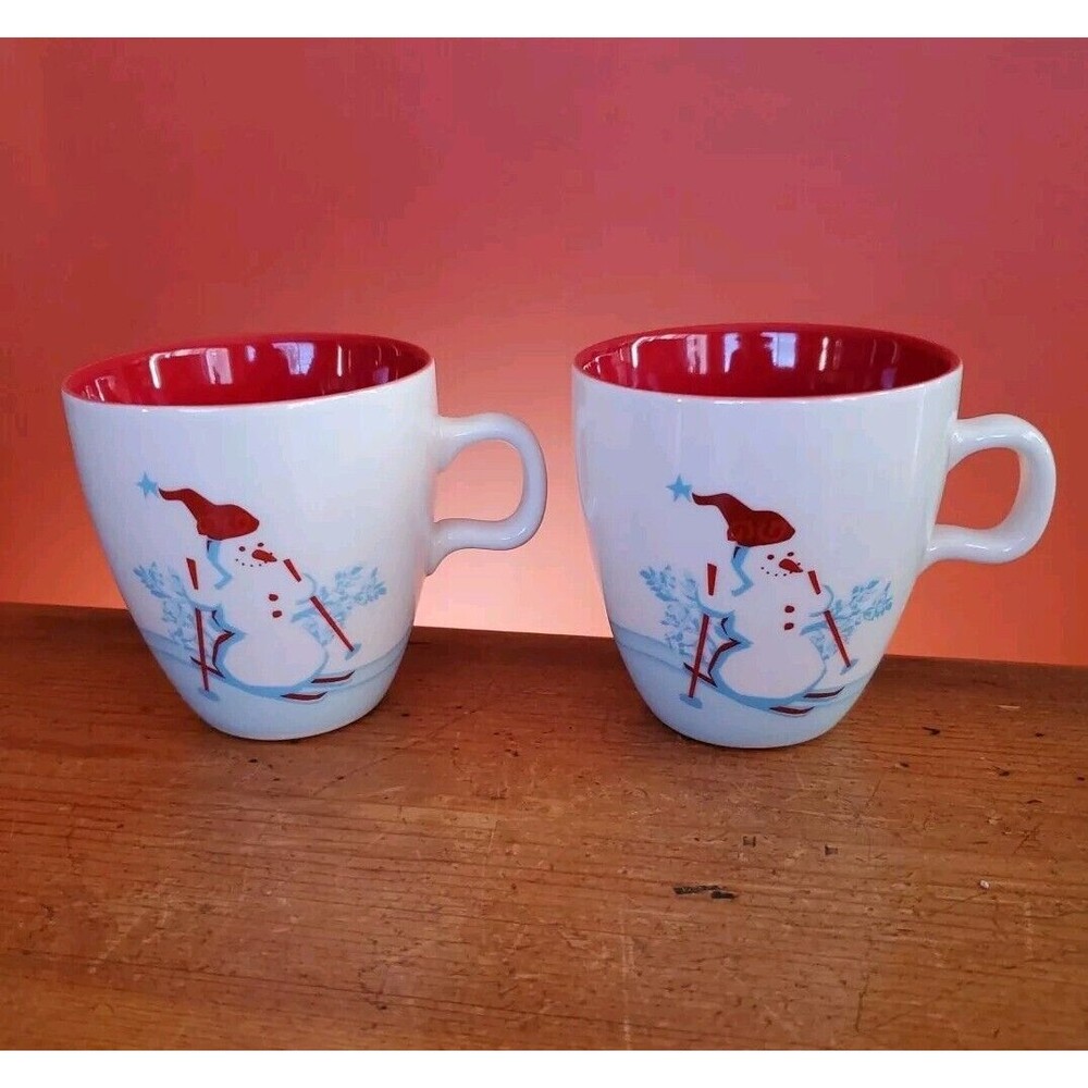 Pair of Starbucks Christmas Holiday 2007 Cup Set Skiing Snowman Penguin  6oz